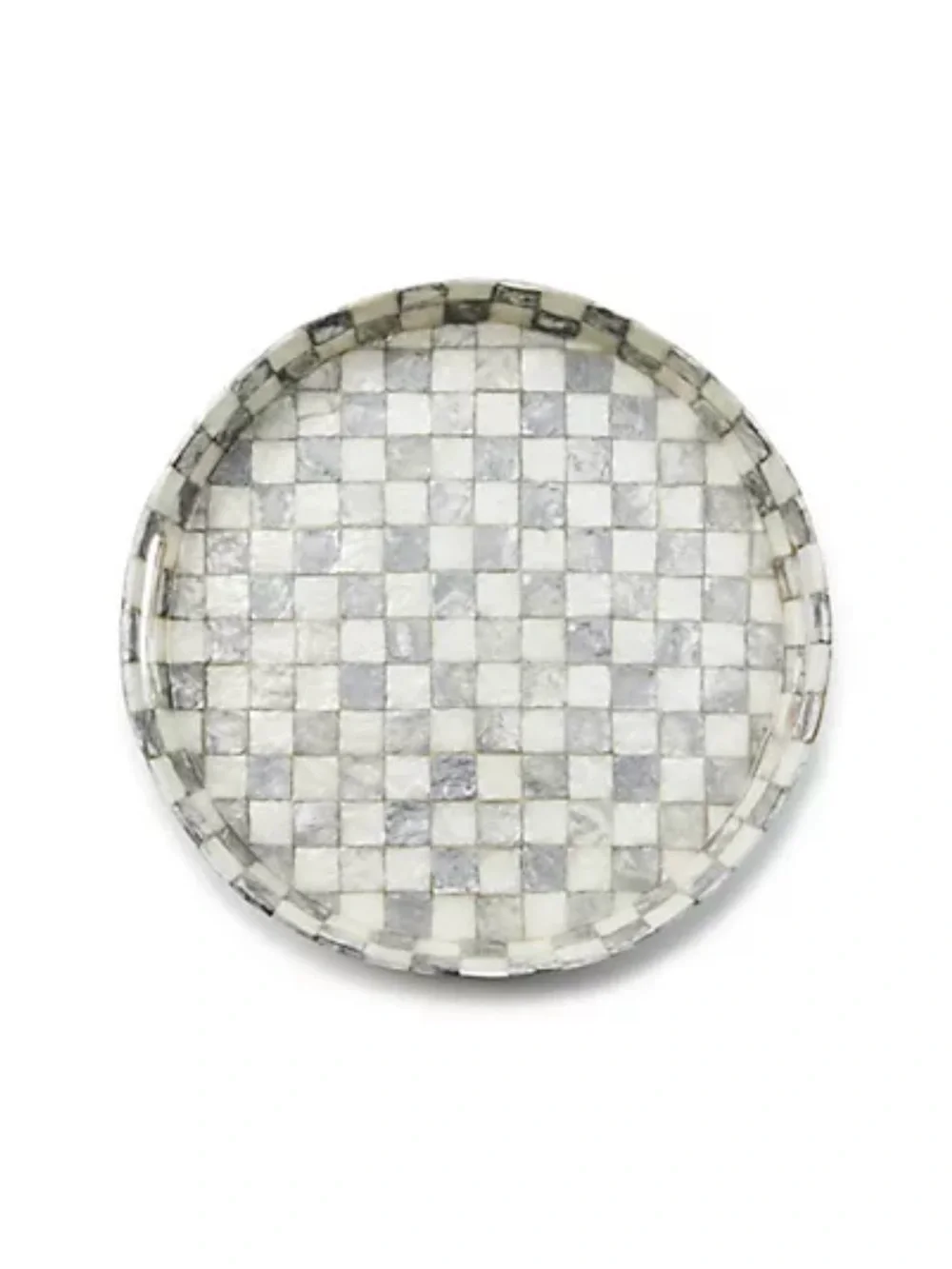 MacKenzie Childs Round Checkerboard Mosaic Tray — White & Gray